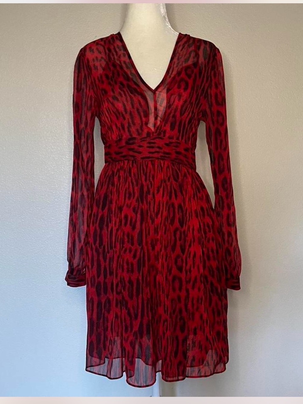 Michael Kors Red and Black Leopard Print V-Neck Long Sleeve Dress